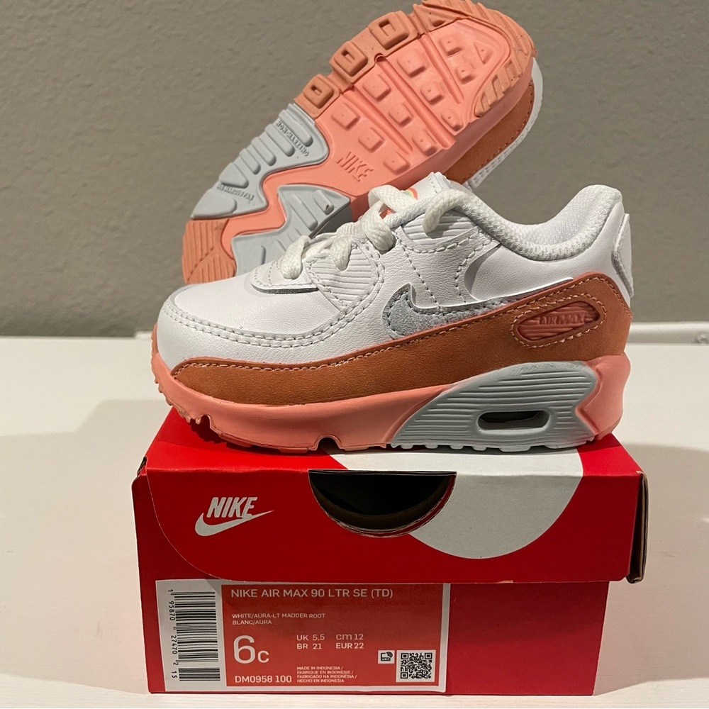 Nike Air Max 90 LTR SE (TD), Size 6c, White Aura Light Madder Root